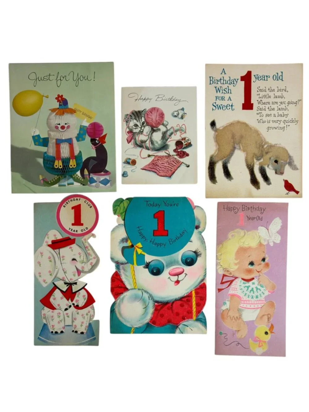 Vintage 1960s Birthday Greeting Cards Lot 15 Die Cut Flocked Baby Animals Clown